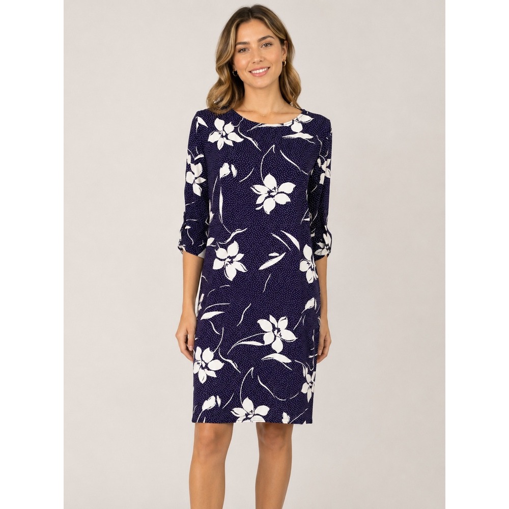 Loyd Ford Palm Springs Navy‎ Blue White Floral Polka Dot Shift Dress Medium
